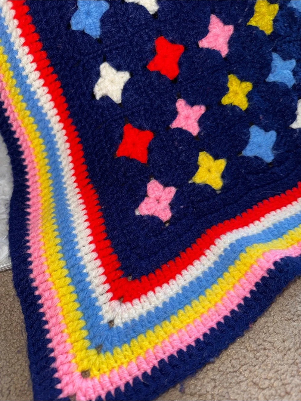 Hand Crafted Navy Multicolor Star Crochet Throw lap‎ Blanket